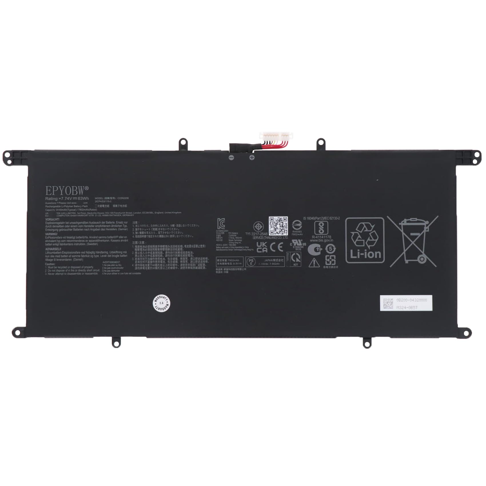 Amazon.com: EPYOBW C22N2206 Laptop Battery 63Wh 7902mAh 7.74V